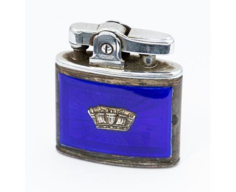 A 1950s white metal and enamelled Ronson lighter, electric blue guilloche enamel with applied Royal Navy coronet, 5cm high