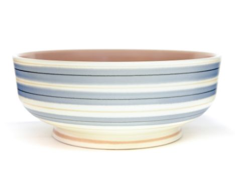 Alfred Read for Poole, a Freeform YAP pattern bowl, circa 1953, painted by Iris Downton, shape 682, concentric blue, pink and