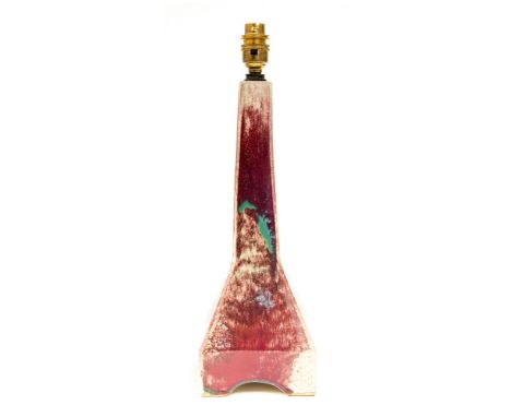 A high fired stoneware lamp base, square section, angular tapered form, red and white with turquoise, incised Ruskin England,