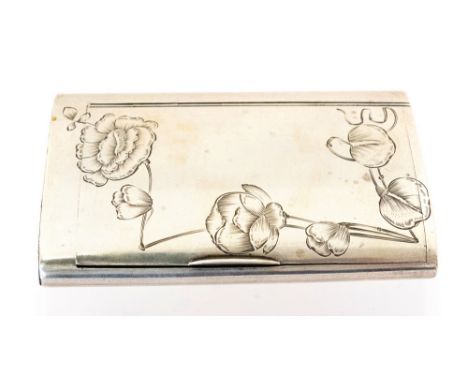 A Russian Art Nouveau silver cigarette and vesta case, engraved with stylised peony floral decoration, the top hinged to form