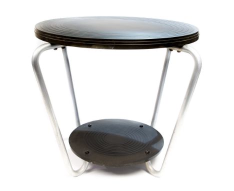 An Art Deco bakelite and tubular metal occasional table, concentric moulded black top and lower shelf united on four bent leg