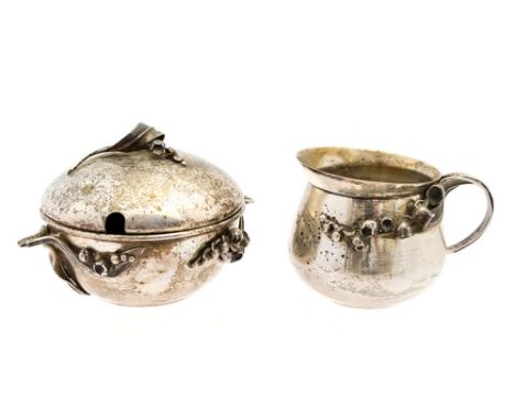 A Polish modernist silver sugar bowl and jug, applied lily of the valley decoration to form the handles and finial, stamped m