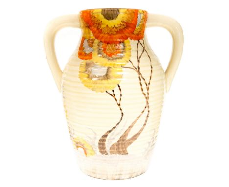 Clarice Cliff for Wilkinson, a Rhodanthe Lotus twin handled vase, Bizarre mark, 30cm high