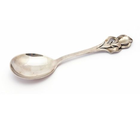 A large Danish silver serving spoon, with pierced stylised iris finial, W & S Sorensen, 23cm long, 3.12ozt