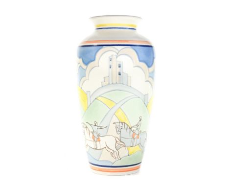 Karen Brown for Poole, an Isle of Purbeck Studio vase, 1999, painted with Norman knights in front of Corfe Castle, signed KB 