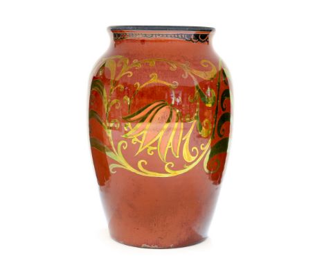 William S Mycock and Edward T Radford for Pilkington, a Royal Lancastrian lustre vase, 1930, red ground with iridescent folia