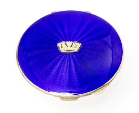 A 1950s silver and enamelled compact, circular form, electric blue guilloche enamel with applied Royal Navy coronet, John Wil