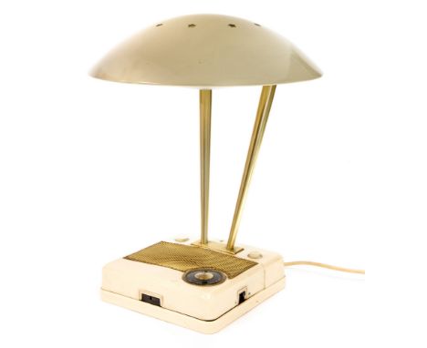 Joseph Lucas Ltd, a Perido radio lamp, 1950s, cream plastic and gilt brushed metal, the saucer domed shade supported on taper