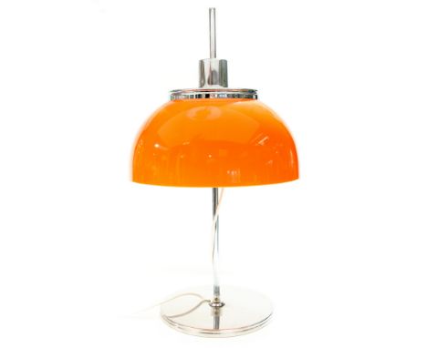 Harvey Guzzini, a chrome and perspex table lamp, neon orange domed shade, circa 1960s, height adjustable, 59cm high