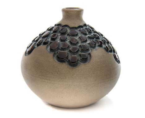 Catherine Connett for Poole, a studio pottery vase, ovoid form with relief carved collar, part glazed, impressed marks, A52, 