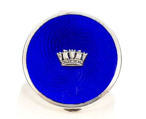 An Art Deco silver and enamelled compact, navy blue guilloche enamel with applied Royal Navy coronet, Page, Keen and Page, Bi