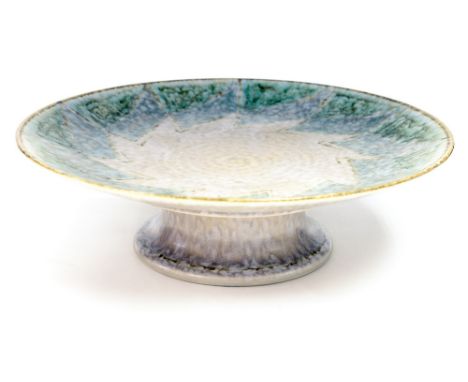 Gladys Rodgers and Edward Radford for Pilkington, a Royal Lancastrian Lapis tazza, mottled grey with zigzag border in green, 
