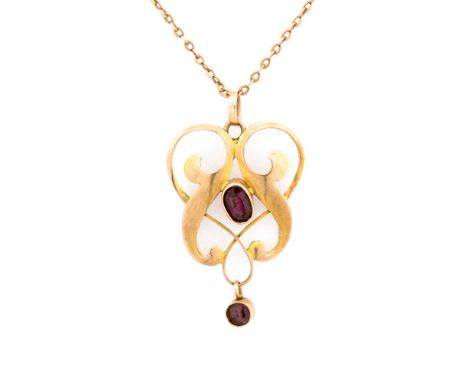 An Art Nouveau 9 carat gold and amethyst pendant, scrollign openwork design, on chain, 49cm long