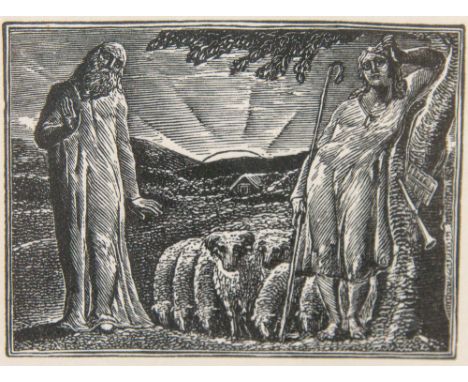 20th Century School, Shepherdess with flock and religious figure, etching, trial impression 7 of 76, 6cm x 9cm, framedNote: f