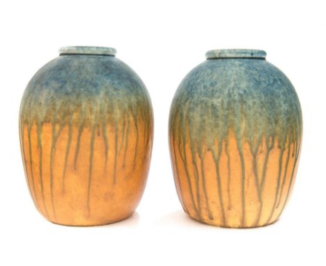 William Howson Taylor for Ruskin, a pair of crystalline ovoid vases, 1932, blue draining o orange, incised signature and impr