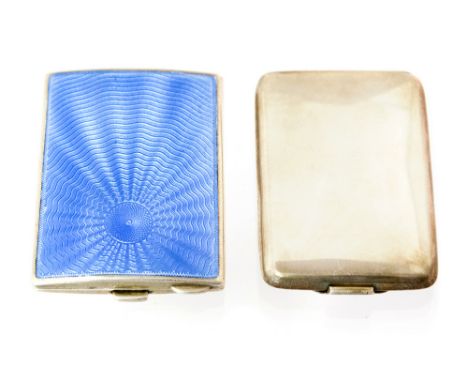An Art Deco silver and enamelled match case, blue guilloche starburst design with engine turned back, John Henry Wynn, Birmin
