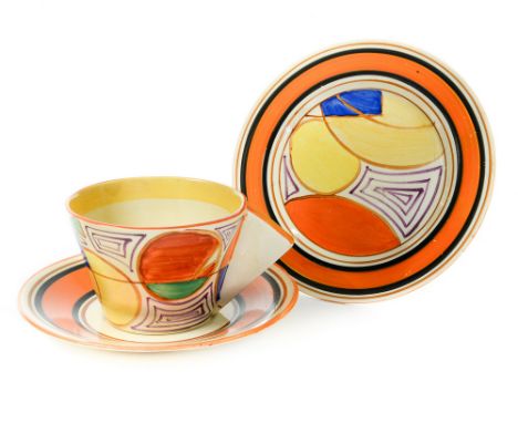 Clarice Cliff for Wilkinson, a Melon Conical tea trio, including cup, saucer and plate, Fantasque marks, 14.5cm diameter (3)