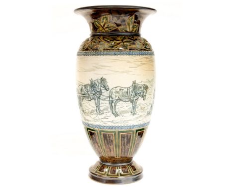 Hannah Barlow for Doulton Lambeth, a stoneware pedestal vase, incised with work horses and roller and a boy with dog, between