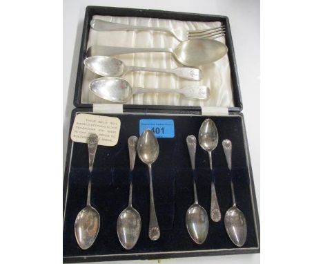 A set of six silver teaspoons, three silver spoons in various sizes and a silver fork, total weight 198g 