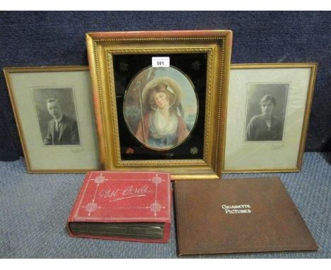 A postcard album containing Edwardian and later humorous and topographical cards, a cigarette card album containing John Play