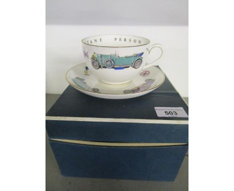 A Royal Worcester bone china cup and saucer decorated with vintage cars, boxed 
