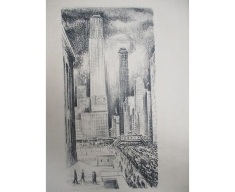 Adriaan Lubbers - a view of 42nd Street with figures on the pavement and a traffic jam, lithograph dated 1944, lower left cor