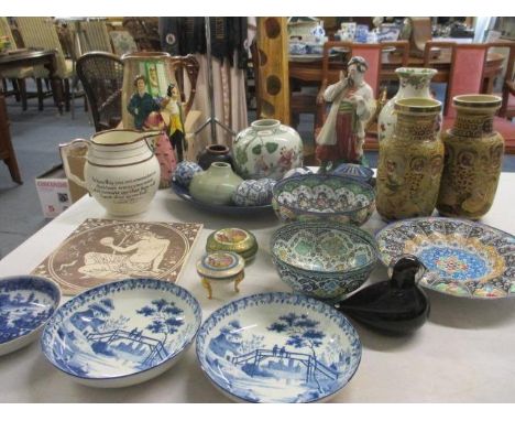 Eastern European metallic bowls, a pair of Satsuma vase, orientals, four china blue and white ornamental eggs, a Wedgwood gla