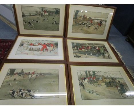 Cecil Aldin - The Fallowfield Hunt, a set of six hunting prints, Breaking Cover, Fall Cry, The Breakfast at the Three Pigeons