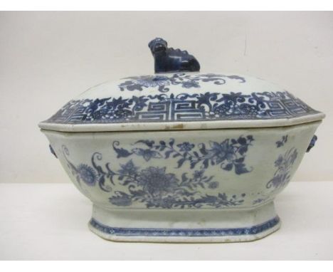A late 18th century Chinese blue and white tureen and cover of rectangular, canted form, with a domed cover, an animal finial