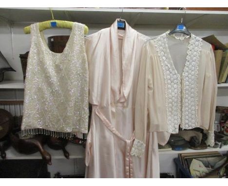 A vintage silk pale pink dressing gown, a beaded evening top and a vintage lace and chiffon blouse 