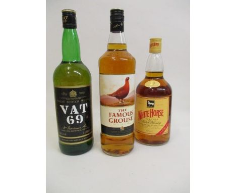 A bottle o f VAT 69 Scotch whisky 1l, a bottle of Famous Grouse whisky 1l and a bottle of White Horse Scotch whisky 1l 