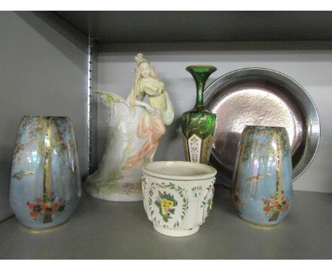 Ceramics and glass to include a pair of Crown Devon Birch pattern lustre vases, Rostrand Peru plate, Austrian Art Nouveau fig