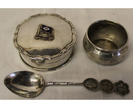 Silver salt Birmingham 1914, Chinese silver spoon &amp; white metal lidded pot bearing T S S Nestor enamel crest