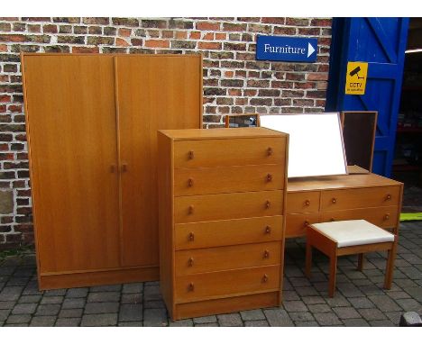 Stag light oak bedroom suite comprising wardrobe, dressing table, stool &amp; chest of drawers