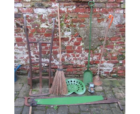 Various hand tools, tractor seat, plunger &amp; hand truck