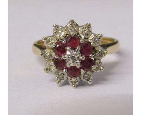 9ct gold diamond and ruby cluster ring size M/N total weight 3.6 g