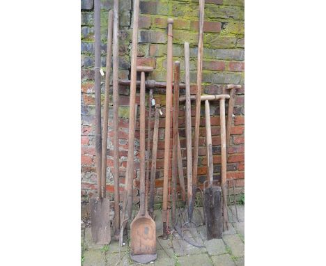 Collection of agricultural hand tools inc dyking spades, pitch forks, bull nose ring pole (some woodworm)