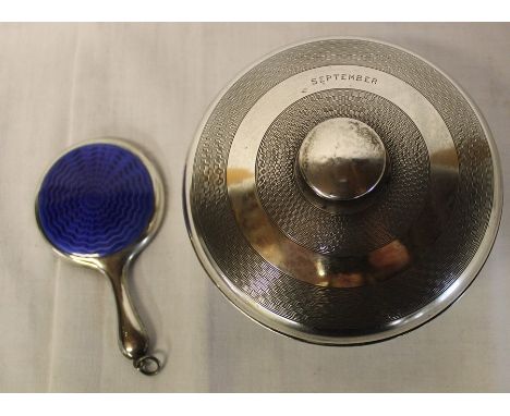 Small silver hand mirror with enamel decoration Birmingham hallmark &amp; silver and bakelite pin pot the lid engraved "Septe