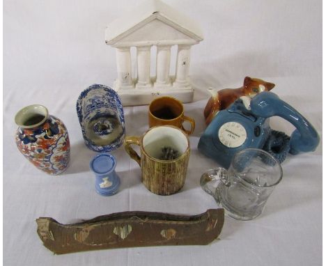 Various ceramics and glassware etc inc Coopercraft cat telephone teapot, frog tankards and Pratts Italian candle holder
