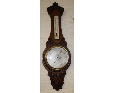 Edwardian carved oak aneroid barometer &amp; thermometer