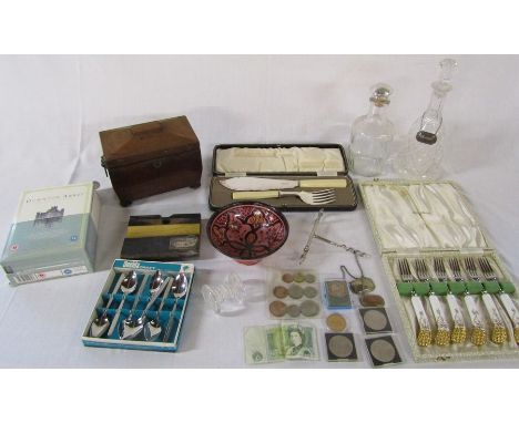 Various ceramics inc Royal Crown Derby, glass decanters, wooden tea caddy, silver plate, assorted commemorative coins etc