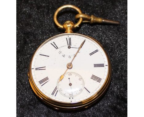 18ct gold open face pocket watch Sheffield 1898, the white enamel dial with subsidiary up / down dial and seconds dial, the b