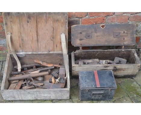 2 wooden boxes of hand tools and a small tin trunk (some woodworm)