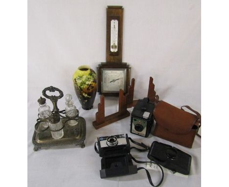 Art Deco barometer (af) &amp; pair of Art Deco style wooden picture frames, silver plated cruet set (af), vase (af) and 3 cam