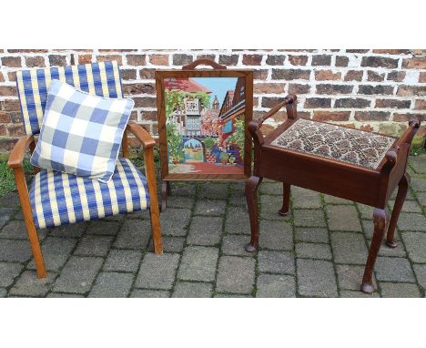Oak framed embroidered firescreen, piano stool, small upholstered armchair &amp; a child's rocking chair (not pictured)