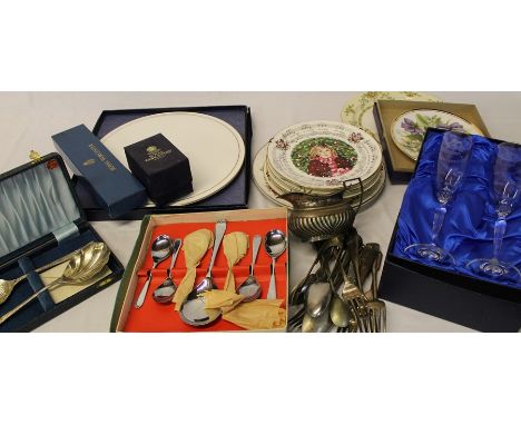 Royal Worcester Contessa platter &amp; cake slice, egg coddler, champagne flutes, plated cutlery, Royal Doulton Christmas pla