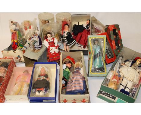 Quantity of vintage costume dolls &amp; reproduction dolls pram