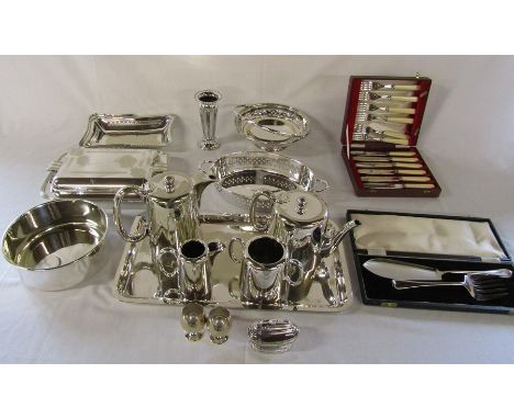 Assorted silver plate etc inc table lighter, vase, tea service, cased cutlery, bowls &amp; Tower Mint 'Windsor Castle' solid 