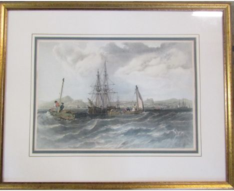 Framed hand coloured lithograph of a nautical scene after Clarkson Stanfield c1850 from Royal Mile Gallery, Edinburgh 61 cm x