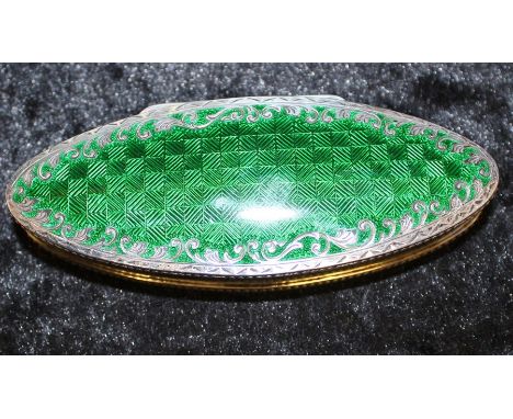 Silver dressing table pot with green guilloche enamel decoration to lid Chester 1909, maker Jay, Richard Attenborough Co Ltd